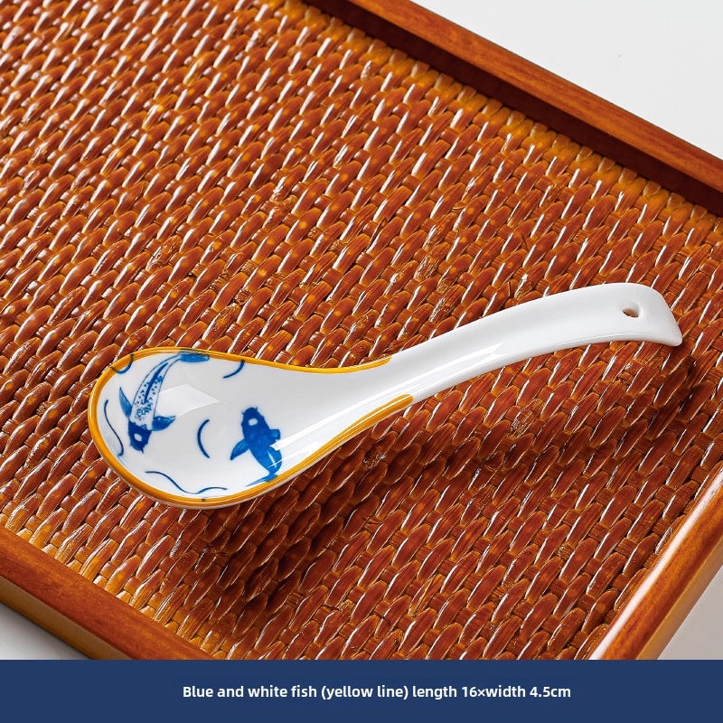 Japanese Style Blue and White Ceramic Soup Spoon Thickened Curved Handle Anti-scalding Small Spoon|Kitchen & Dining