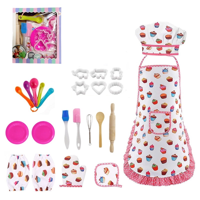 Kids Baking Apron with Cartoon Tool Set Play Kitchen Toy for Pretend Cooking|Kids & Baby > Toys > Role Play & Dress Up