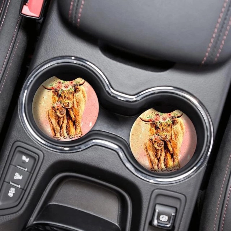 Farm Style Wooden Car Coaster with Highland Animal Design Anti-slip | Home Decor Coasters