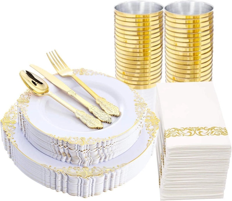 Disposable Dragon Pattern Tableware Set with White Gold-Edged Plates and Gold Air-Laid Paper Wine Glass Holders|Party Supplies