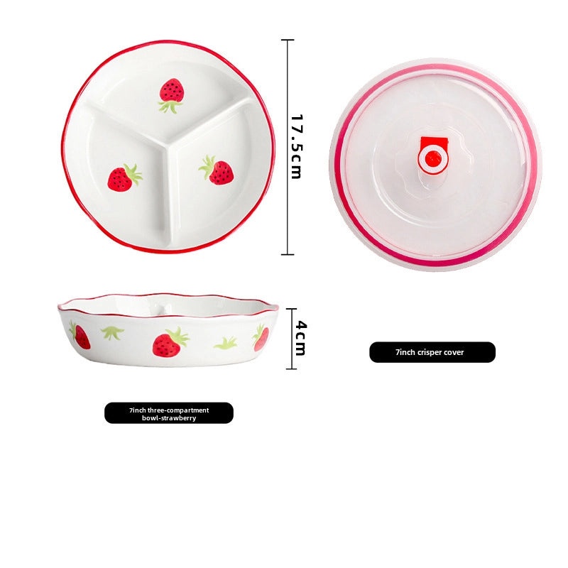 Ceramic Three-Compartment Bowl with Lid Microwave Safe Heat-Resistant Lunch Box Snack Plate|Kitchen & Dining