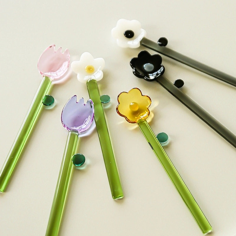 Elegant Single Color Floral Glass Stirring Rod|Kitchen Accessories