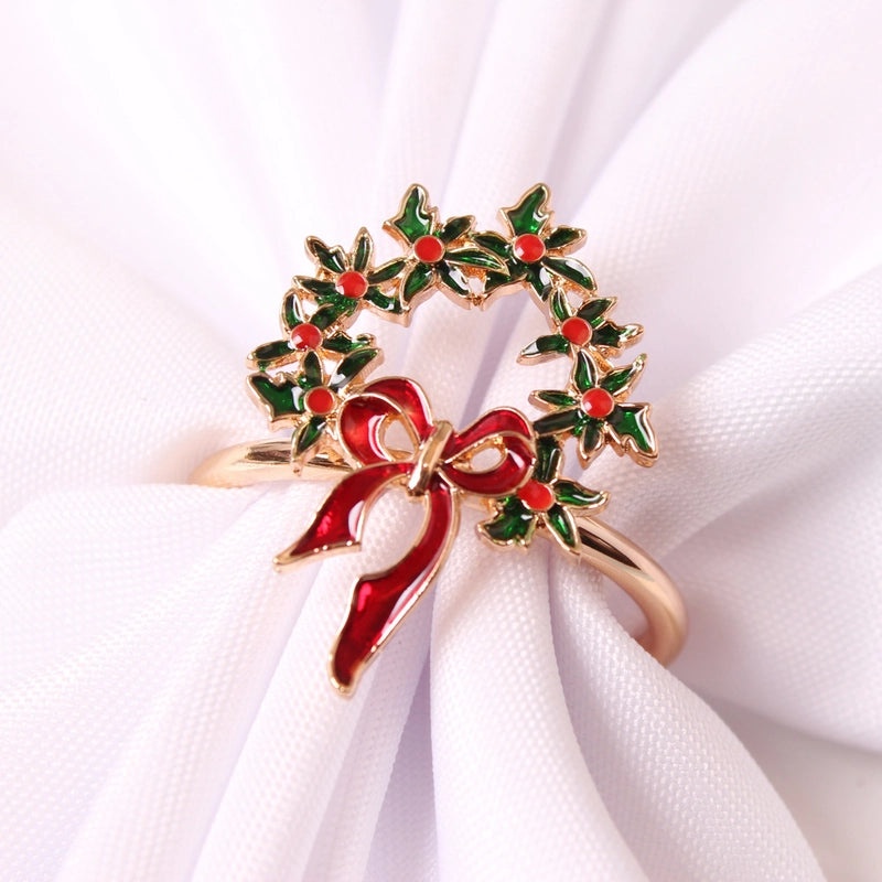 Festive Christmas Tree and Santa Claus Alloy Napkin Rings Set of 6 | Holiday Table Decor