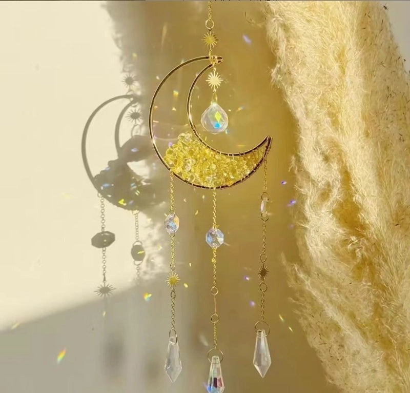 Elegant Amethyst Crystal Moon Pendant Wind Chime Decorative Water Droplets | Home Decor Accessories