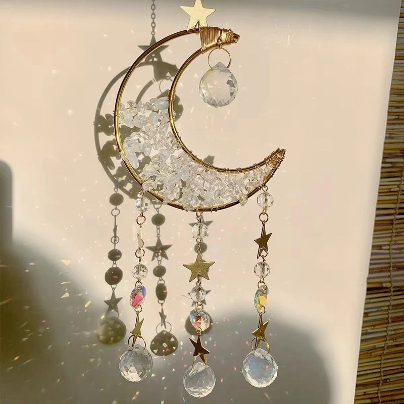 Geometric Moon Crystal Suncatcher with Water Droplets Minimalist Wind Chime Wall Hanging|Home Decor & Wind Chimes