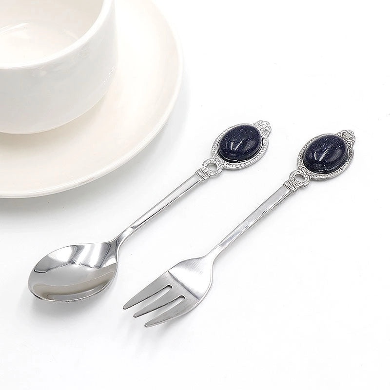 Vintage Solid Color Stainless Steel Spoon with Natural Stone Handle | Kitchen Utensils & Cutlery