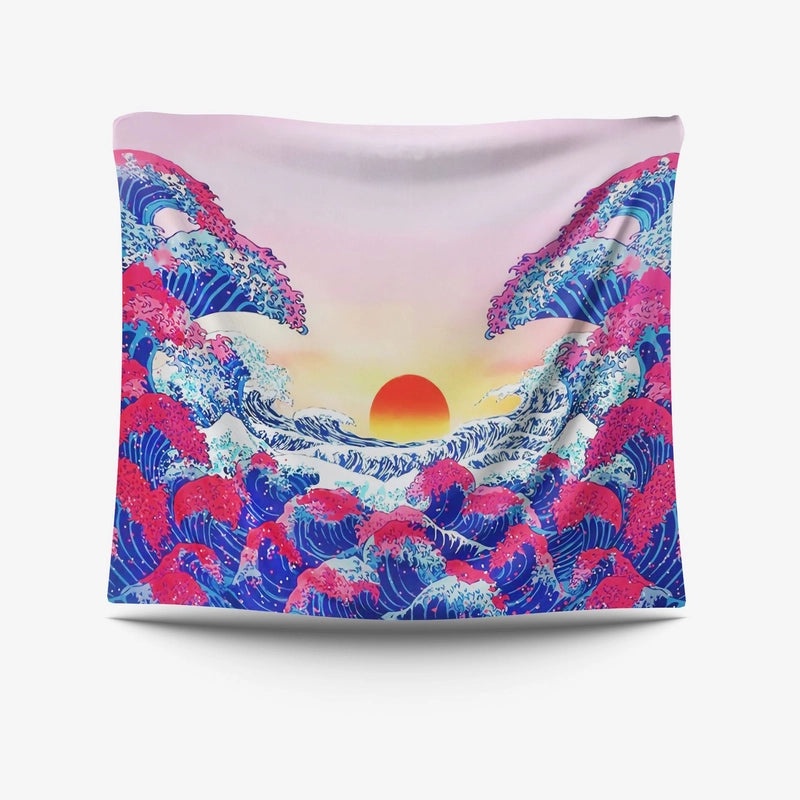 Kanagawa Surf Wave Tapestry with Ukiyo-e Style Background | Home Decor Wall Art