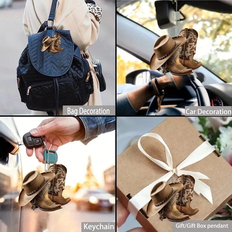 Personalized Cowboy Boot and Hat Car Hanging Ornament | Car Accessories