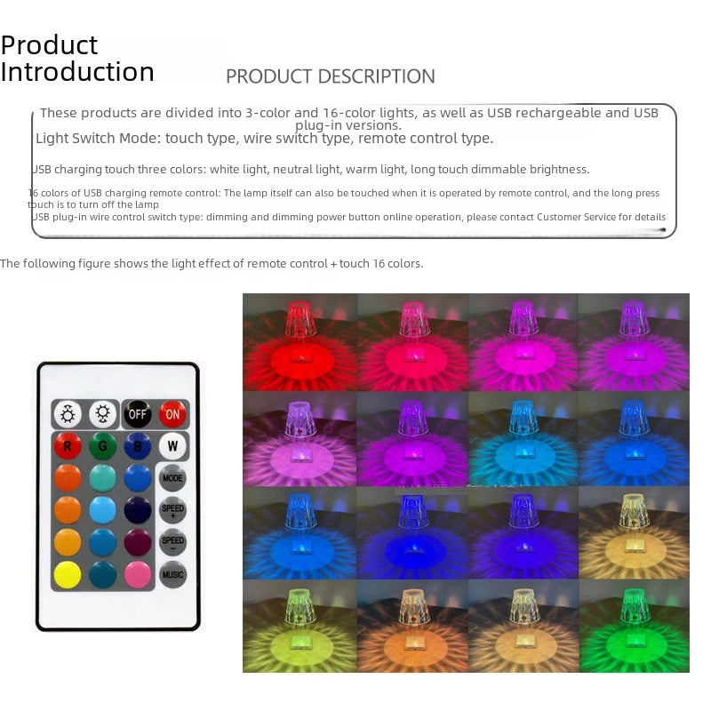 USB Crystal Diamond Table Lamp with Touch Control and USB Charging | Bedroom Nightlight & Atmosphere Lighting | Table Lamps