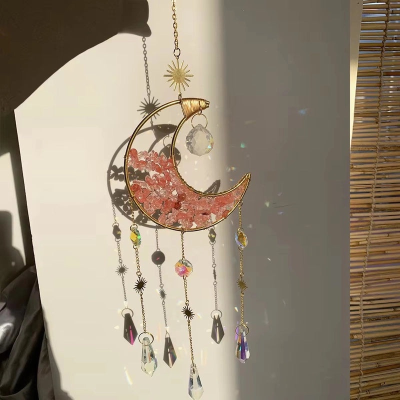 Geometric Moon Crystal Suncatcher with Water Droplets Minimalist Wind Chime Wall Hanging|Home Decor & Wind Chimes