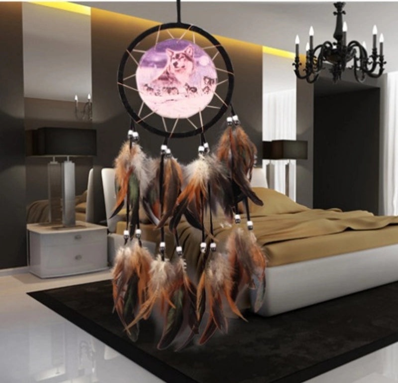 Wolf Head Dreamcatcher Oil Painting Wall Hanging with Natural Feathers | Home Decor & Wall Art