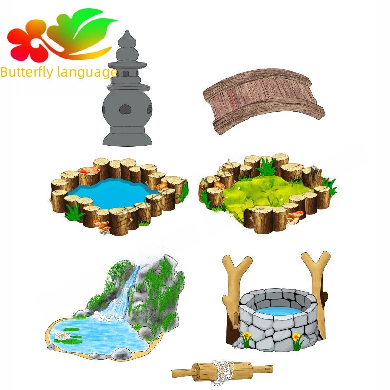 Micro Landscape Retro Antique Resin Miniature West Lake Scene Decoration with Lighthouse, Well, Bridge, Water Grass|Home Decor Miniatures