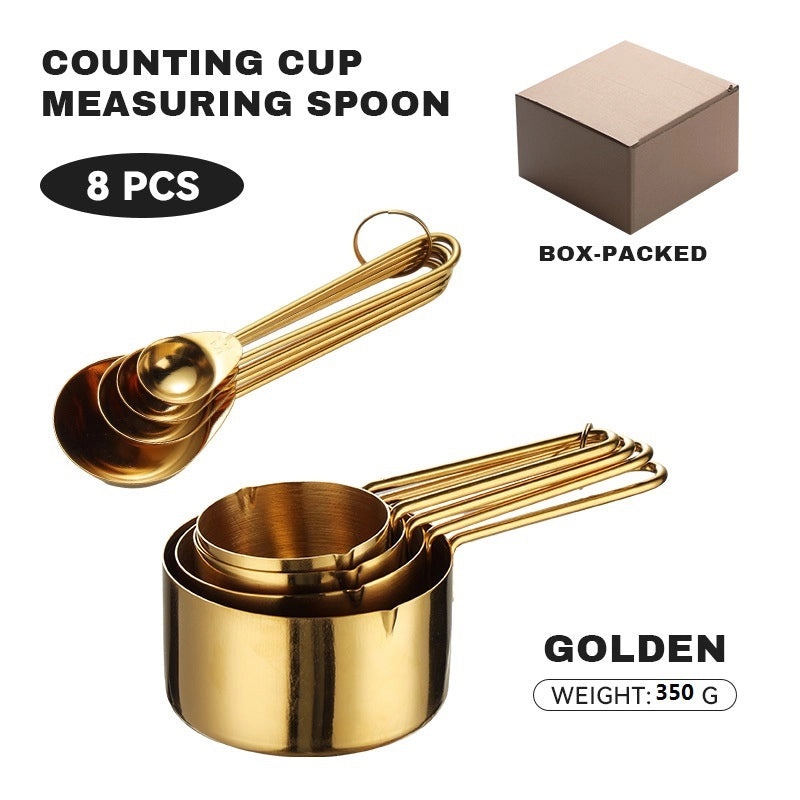8-Piece Rose Gold Stainless Steel Measuring Cups and Spoons Set with Wire Handles and Scale | Kitchen Measuring Tools