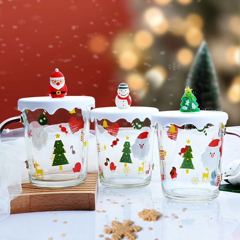 Festive Christmas Glass Mug with Tree Santa Claus and Snowman Design | Holiday Drinkware