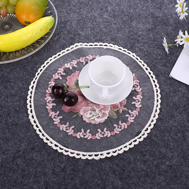 Nordic Round Lace Placemat Embroidered Floral Mesh Mat Home Textile Sofa Cover Photo Background Fabric|Home Decor & Table Linens