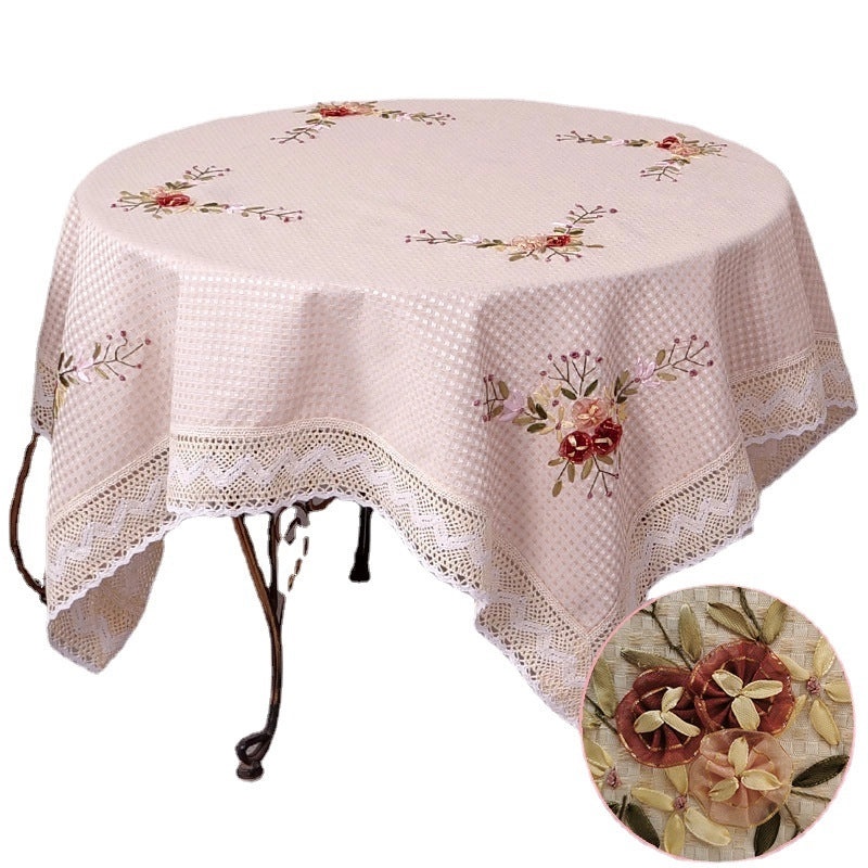 Cotton Linen Rectangular Dining Tablecloth with Ribbon Embroidery Simple Pastoral Style for Household Coffee Table|Home & Living > Kitchen & Dini