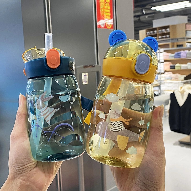 Cartoon Bunny Straw Cup with Rope for Kids Toddlers Students Drop-resistant Plastic Drinking Bottle|Kids Drinkware