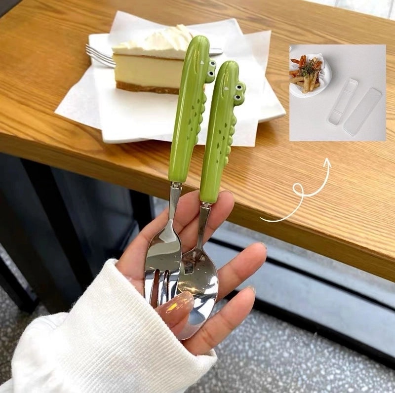 Adorable Cartoon Frog and Crocodile 430 Stainless Steel Ceramic Tableware Set | Kitchen & Dining