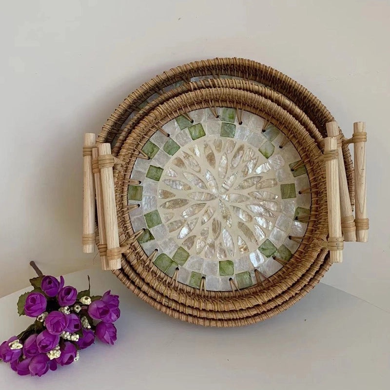 Handwoven Floral Rattan Shell Storage Basket for Casual Home Décor|Home Storage & Organization