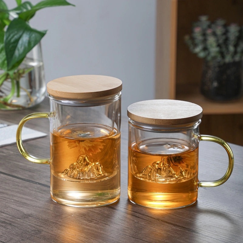 Water Separation Bubble Tea Glass Cup with Wooden Lid and Filter for Office and Tea Ceremony|Drinkware & Tea Accessories