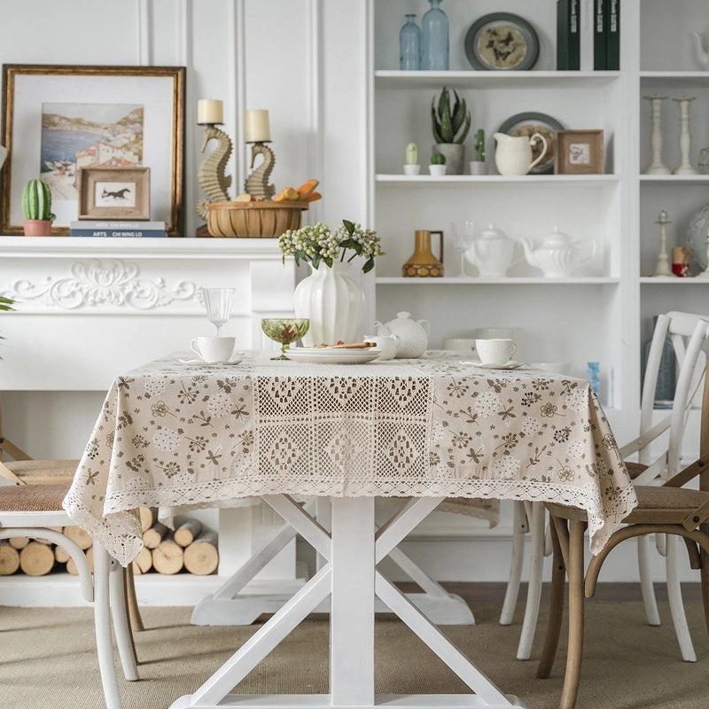 White Plain Tablecloth with Contrast Hollow Stitching Small Fresh Design | Table Linens & Fabrics