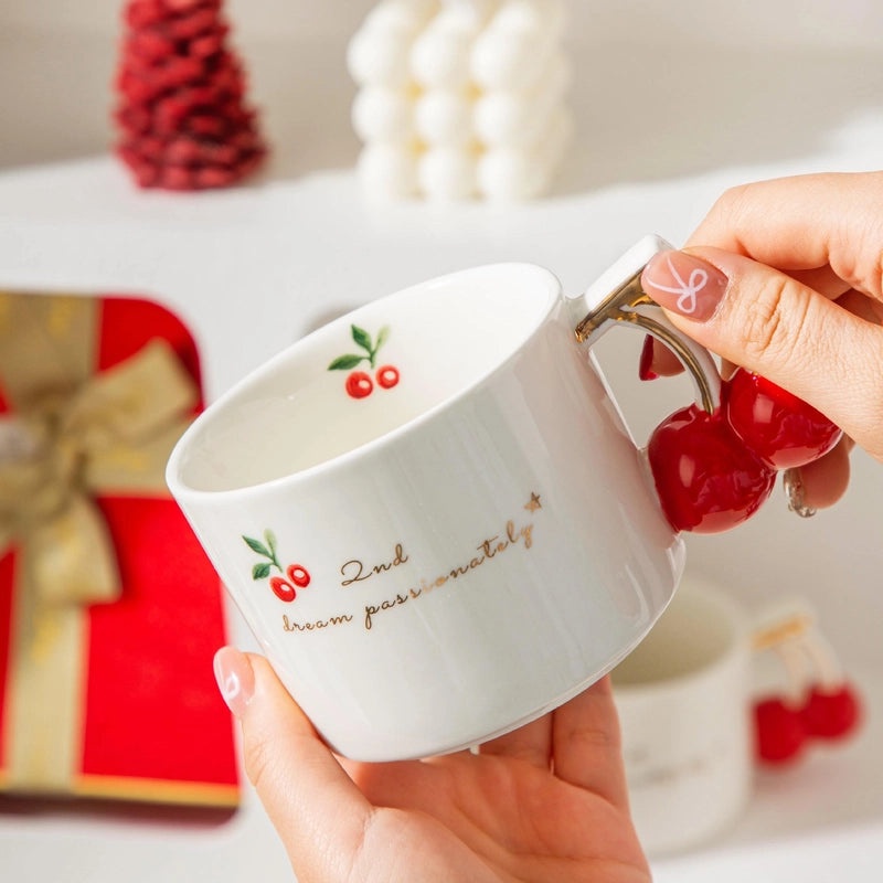 Charming Cherry Design White Porcelain Coffee Mug | Kitchenware & Drinkware