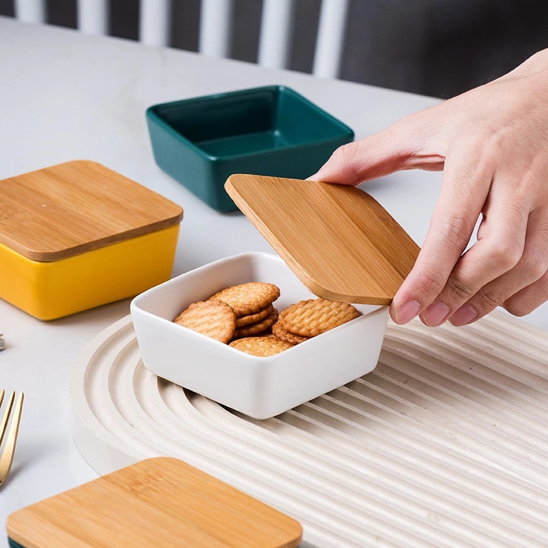 Nordic Ceramic Square Snack Bowl with Bamboo Wooden Tray | Kitchenware & Dining Accessories