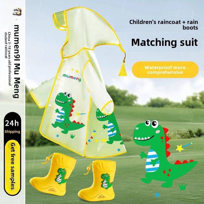 Kids Transparent Cartoon Raincoat and Boots Set Waterproof Full Body Rain Gear for Kindergarten and Primary School Students|Children's Rainwear