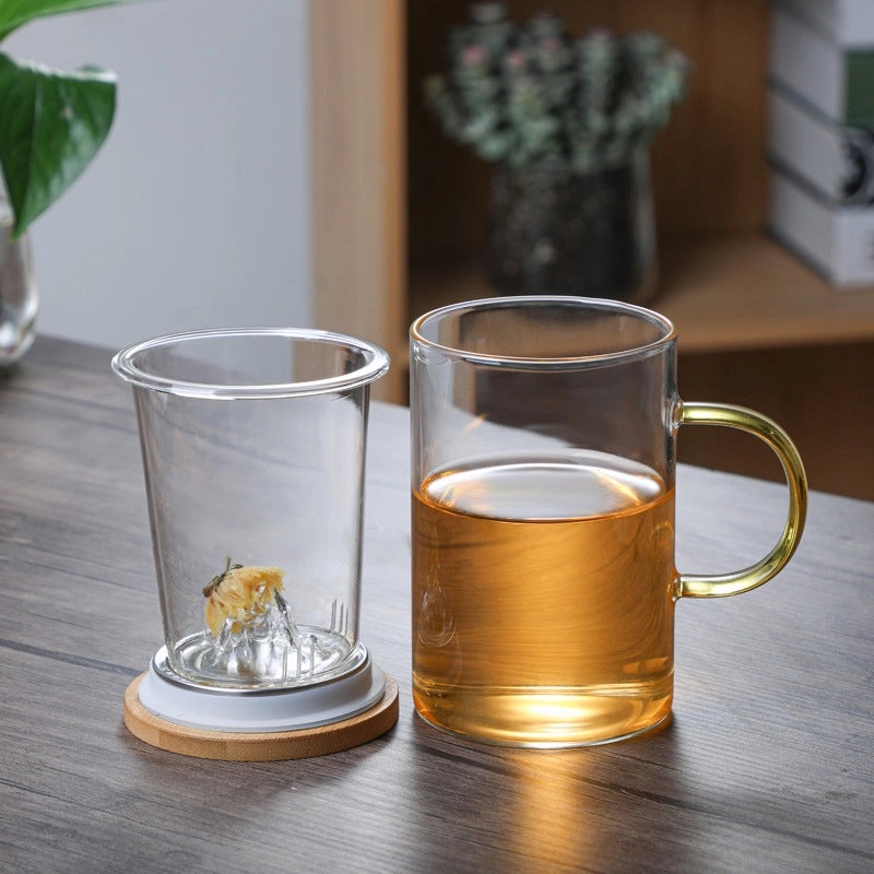 Water Separation Bubble Tea Glass Cup with Wooden Lid and Filter for Office and Tea Ceremony|Drinkware & Tea Accessories