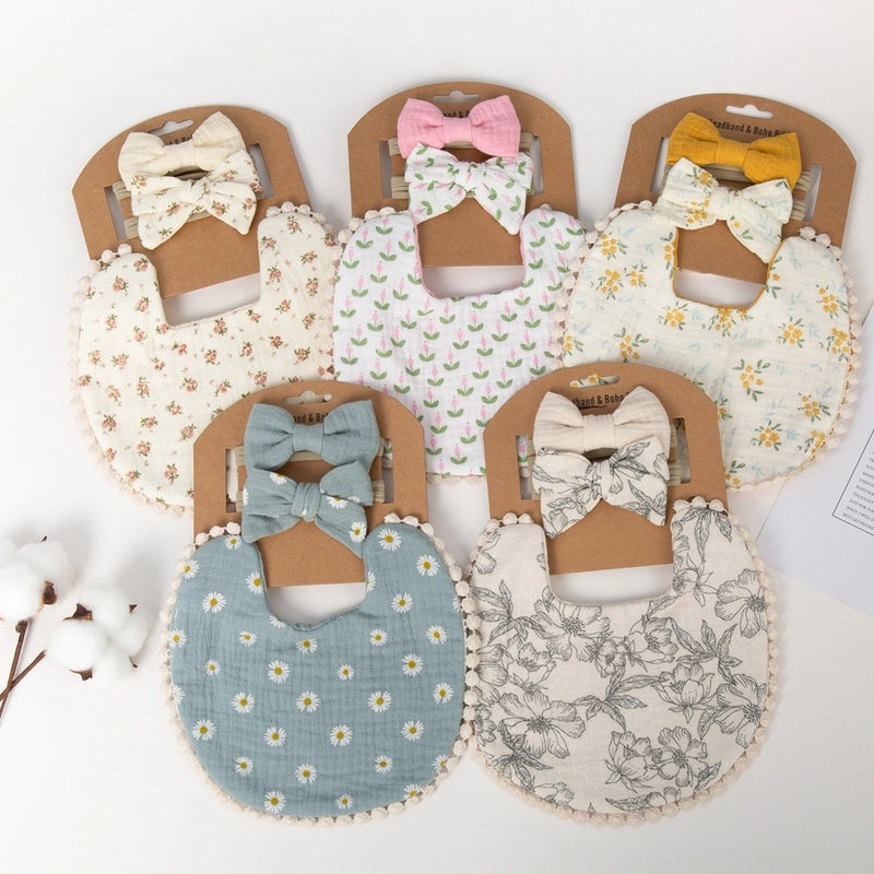 Double-layer Cotton Baby Bib with Bow Headband Set | Baby Accessories