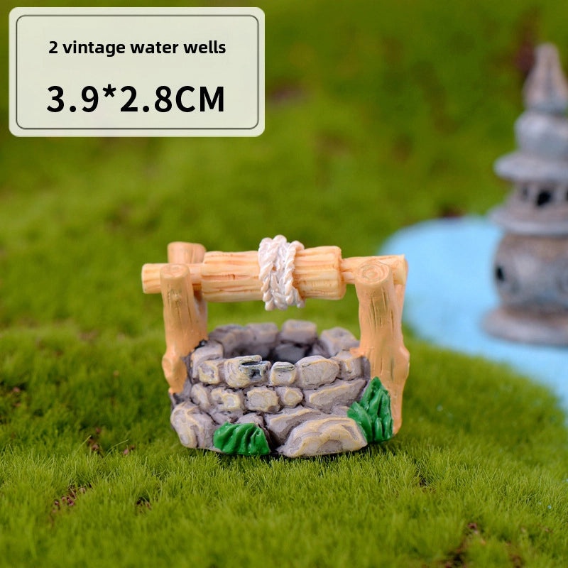 Micro Landscape Retro Antique Resin Miniature West Lake Scene Decoration with Lighthouse, Well, Bridge, Water Grass|Home Decor Miniatures