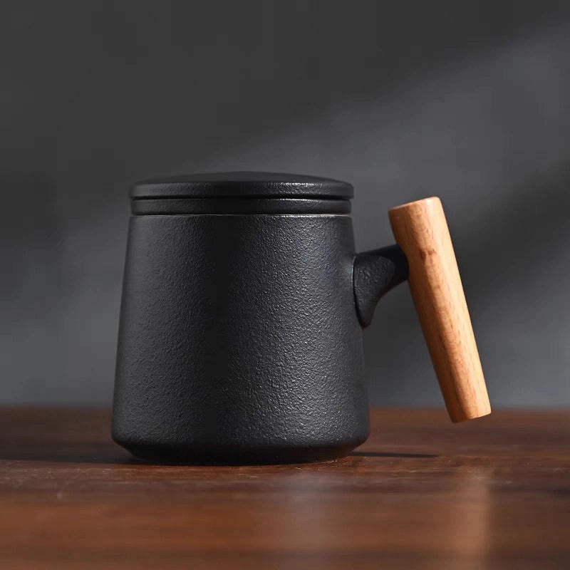 Wooden Handle Ceramic Mug Set with Lid and Filter Frosted Glass Simple Design Engraved Logo Gift Set|Kitchen & Dining