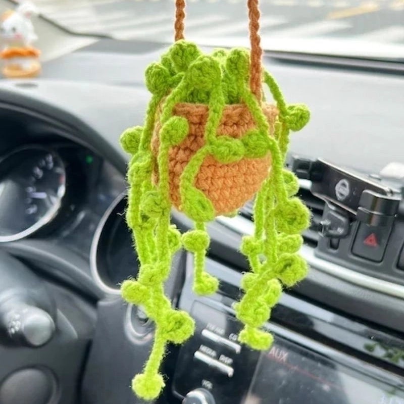 3 Pieces Hand-Crocheted Chlorophytum Yarn Potted Ornaments for Car Rearview Mirror | Car Accessories