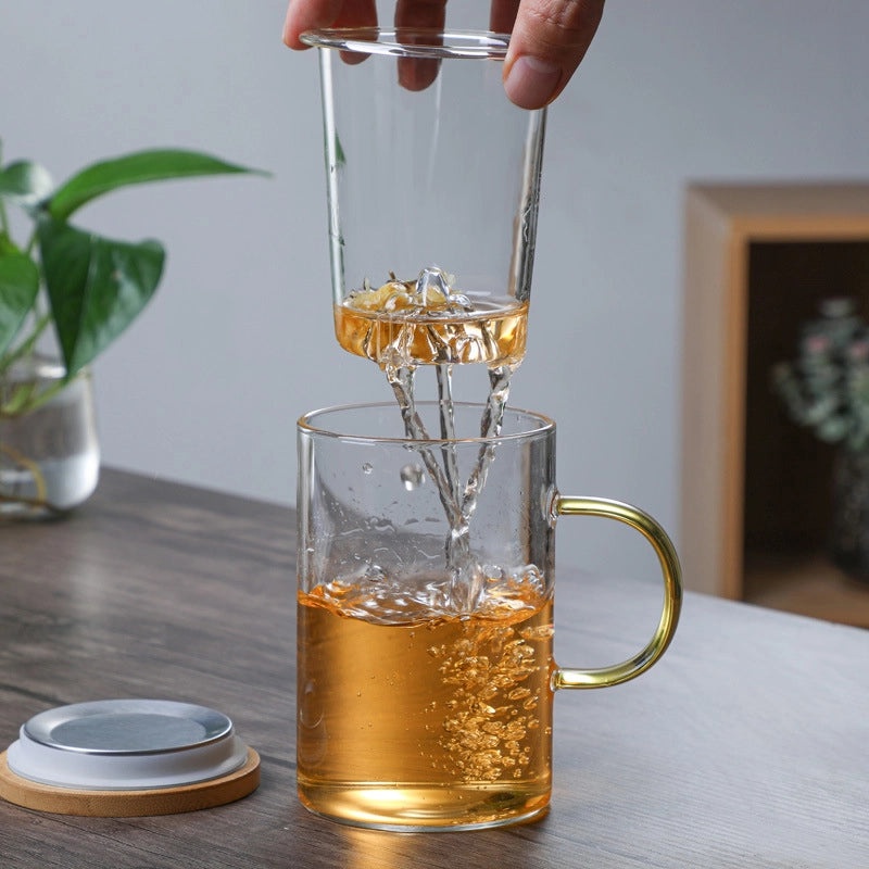 Water Separation Bubble Tea Glass Cup with Wooden Lid and Filter for Office and Tea Ceremony|Drinkware & Tea Accessories