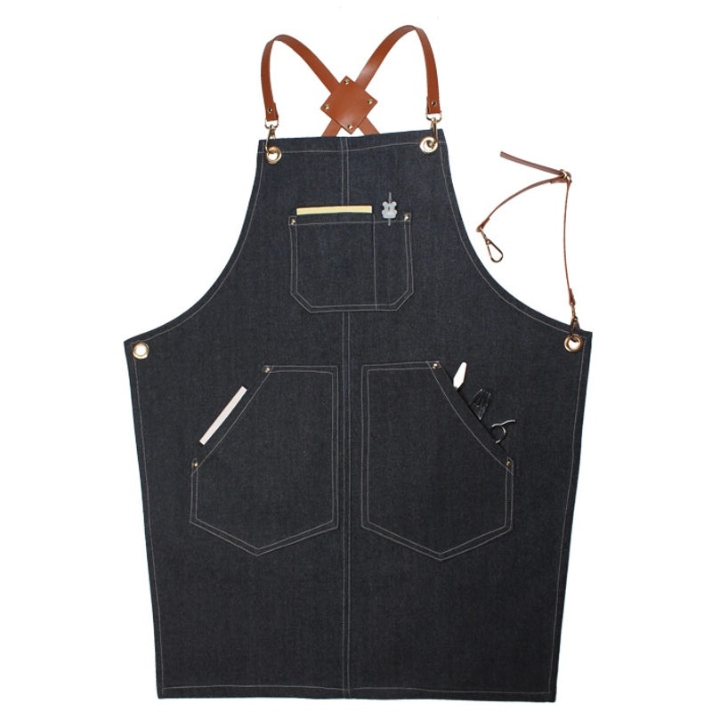 Denim Suspender Apron for Barista, Hair Stylist, Restaurant Staff, Floral Design, Unisex, Korean Style Workwear|Aprons & Workwear