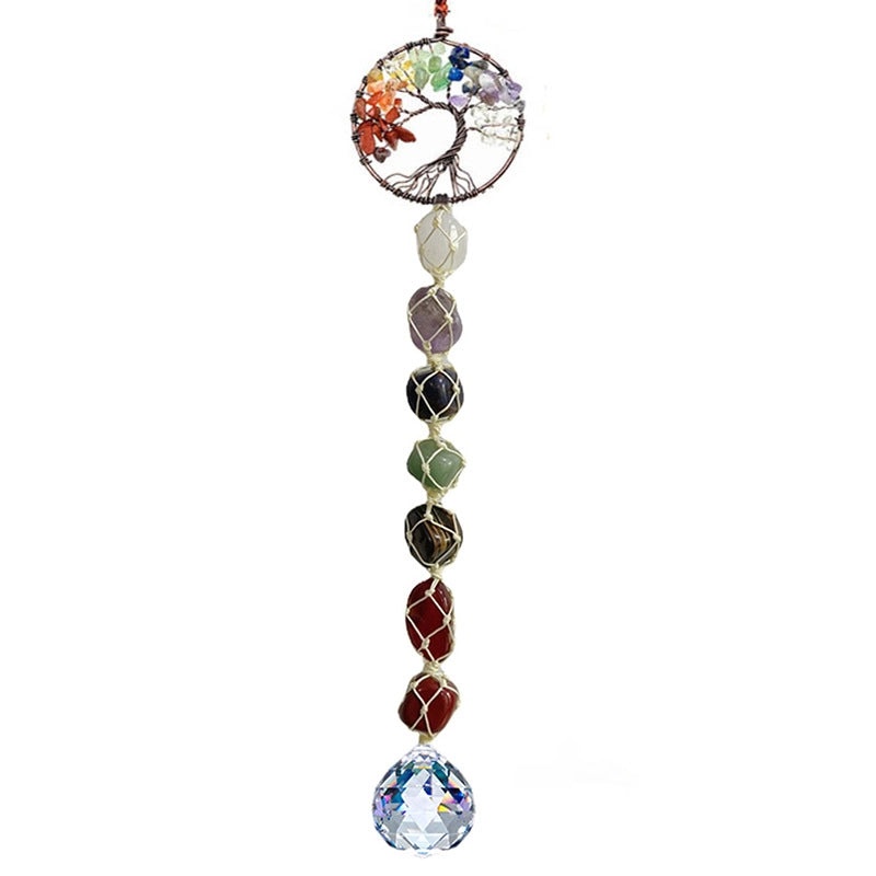 Natural Stone Lucky Tree Car Pendant Crystal Wind Chime Handmade Colorful Gravel Woven Hanging Decor|Car Accessories