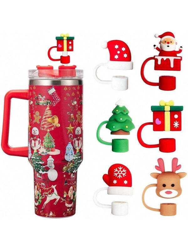 Christmas Santa Claus Silicone Straw Cap Set|Holiday Drink Accessories