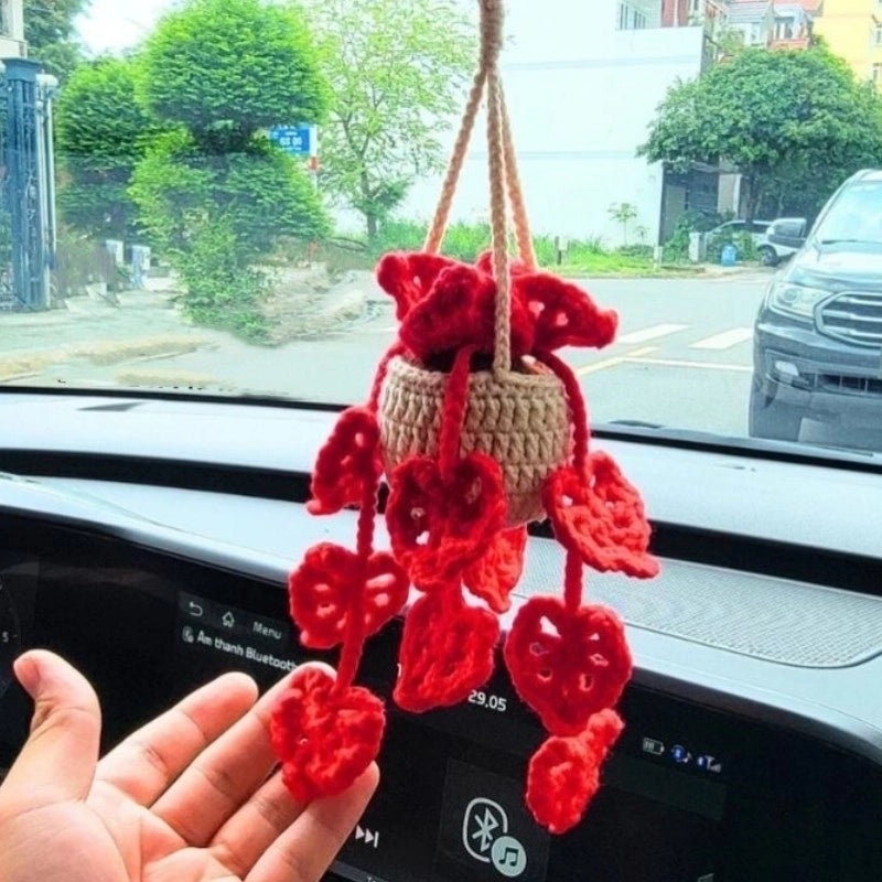 3 Pieces Hand-Crocheted Chlorophytum Yarn Potted Ornaments for Car Rearview Mirror | Car Accessories