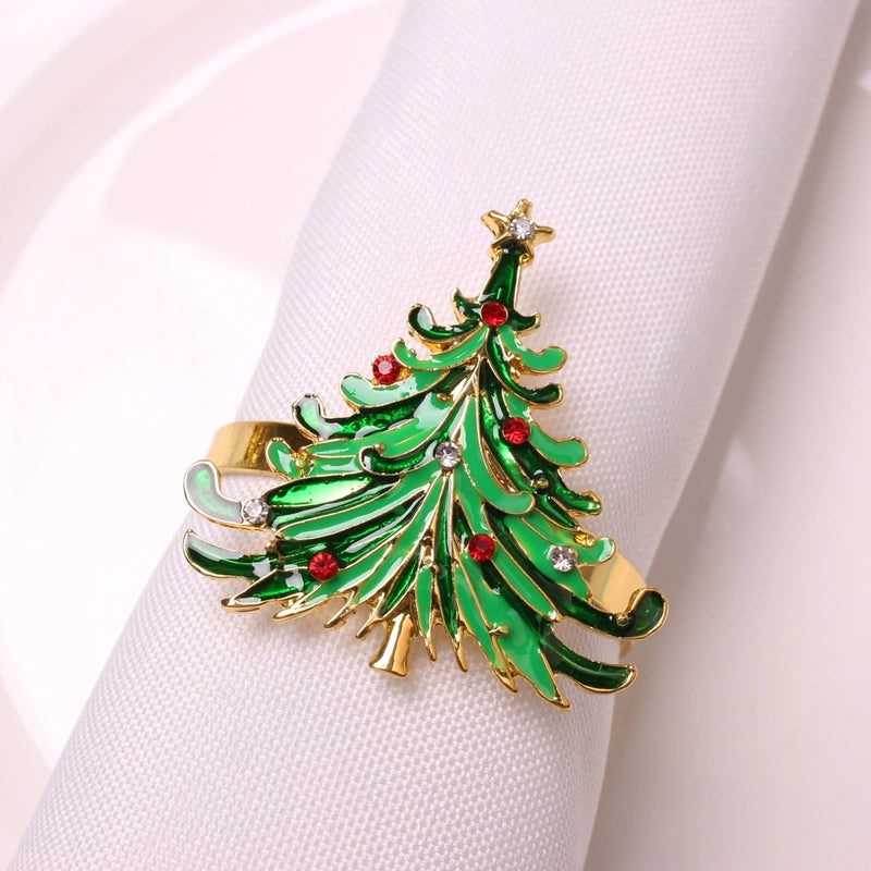 Festive Christmas Tree and Santa Claus Alloy Napkin Rings Set of 6 | Holiday Table Decor