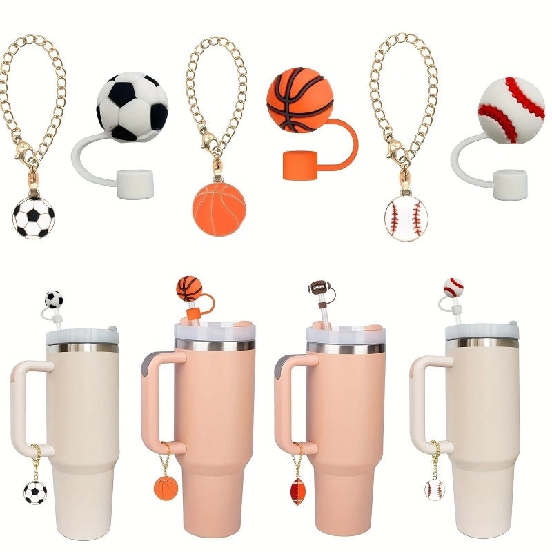 Cute Basketball Football Silicone Straw Cap Set for Kids | Drinkware Accessories