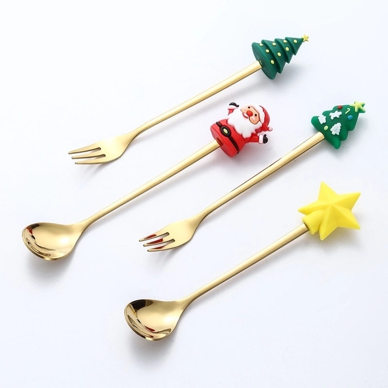 Christmas Santa Claus Stainless Steel Spoon and Fruit Fork Set | Kitchen & Dining Utensils