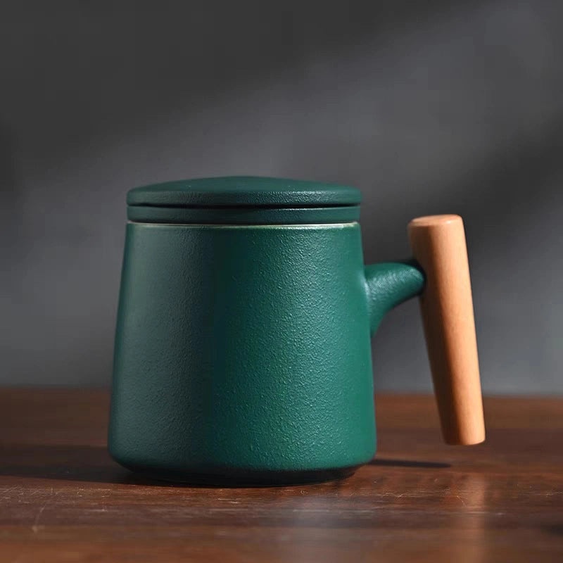 Wooden Handle Ceramic Mug Set with Lid and Filter Frosted Glass Simple Design Engraved Logo Gift Set|Kitchen & Dining