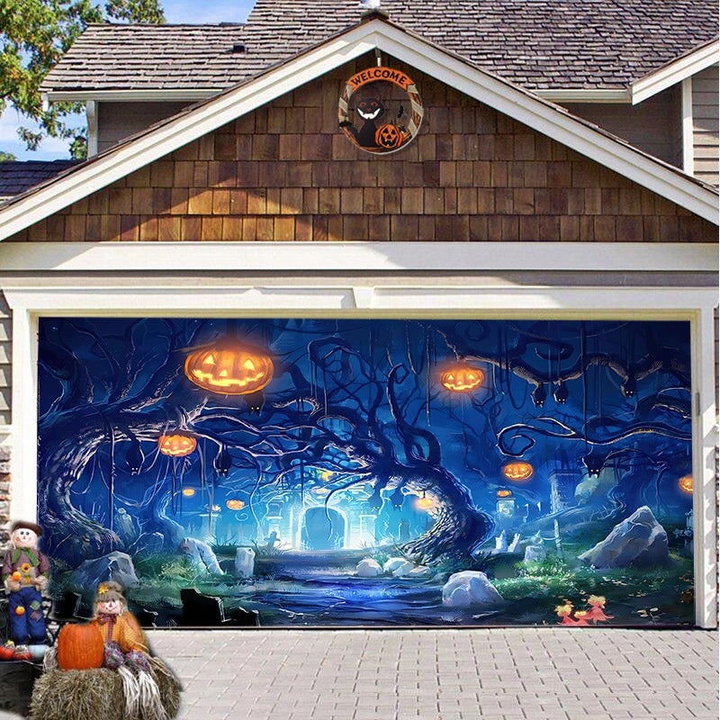 Halloween Pumpkin Hanging Banner Cloth Horror Garage Door Tapestry Decoration|Home Decor