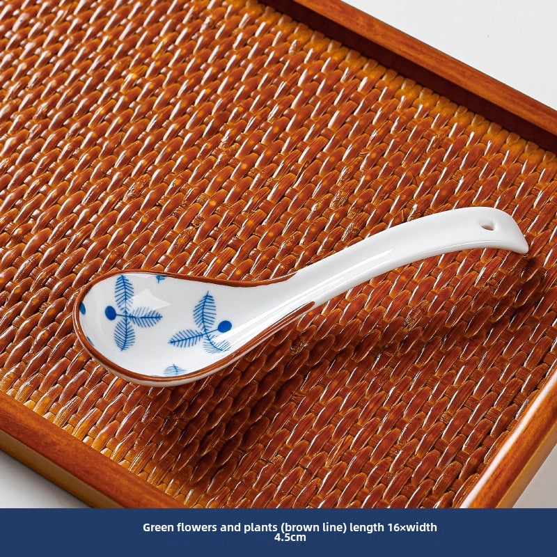 Japanese Style Blue and White Ceramic Soup Spoon Thickened Curved Handle Anti-scalding Small Spoon|Kitchen & Dining