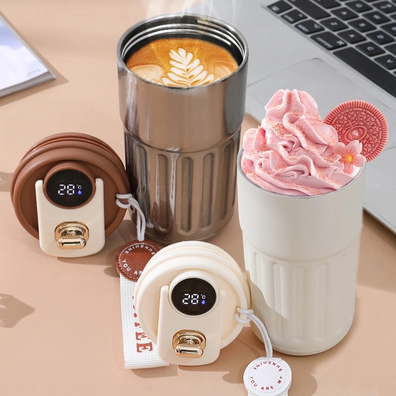 Smart Temperature Display Coffee Mug 316 Stainless Steel Cute Portable Thermos Cup with Carrying Strap | Drinkware & Thermoses