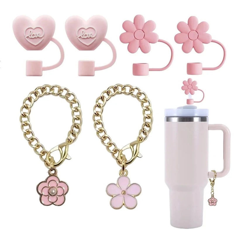 Pastoral Style Floral Metal Straw with Silica Gel Sleeve Decorative Cap Set | Kitchen & Dining Accessories