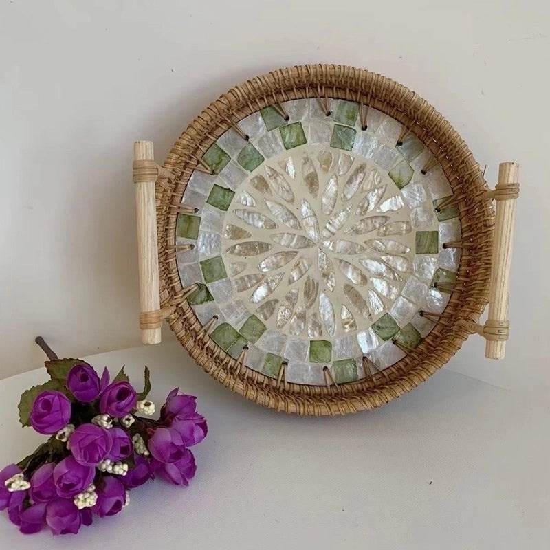 Handwoven Floral Rattan Shell Storage Basket for Casual Home Décor|Home Storage & Organization