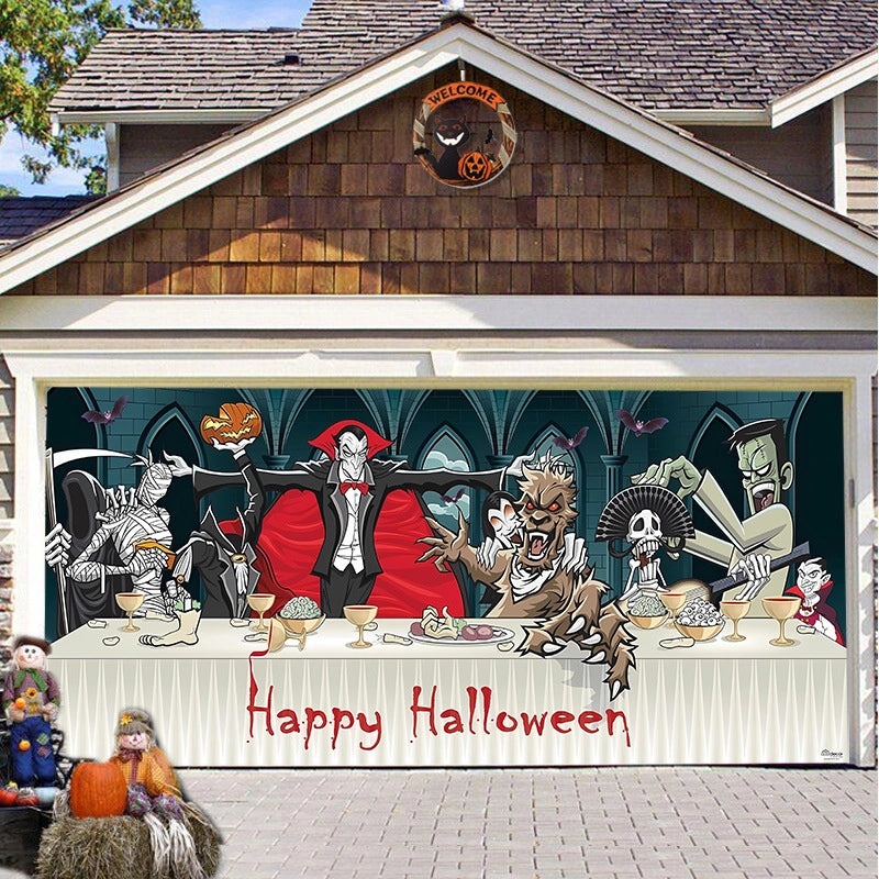 Halloween Pumpkin Hanging Banner Cloth Horror Garage Door Tapestry Decoration|Home Decor