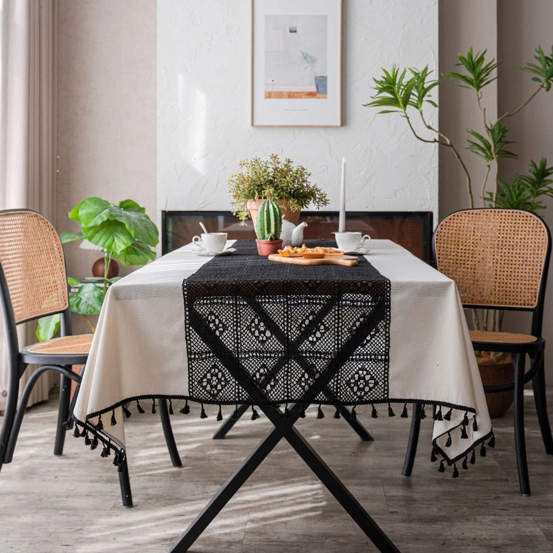 White Plain Tablecloth with Contrast Hollow Stitching Small Fresh Design | Table Linens & Fabrics