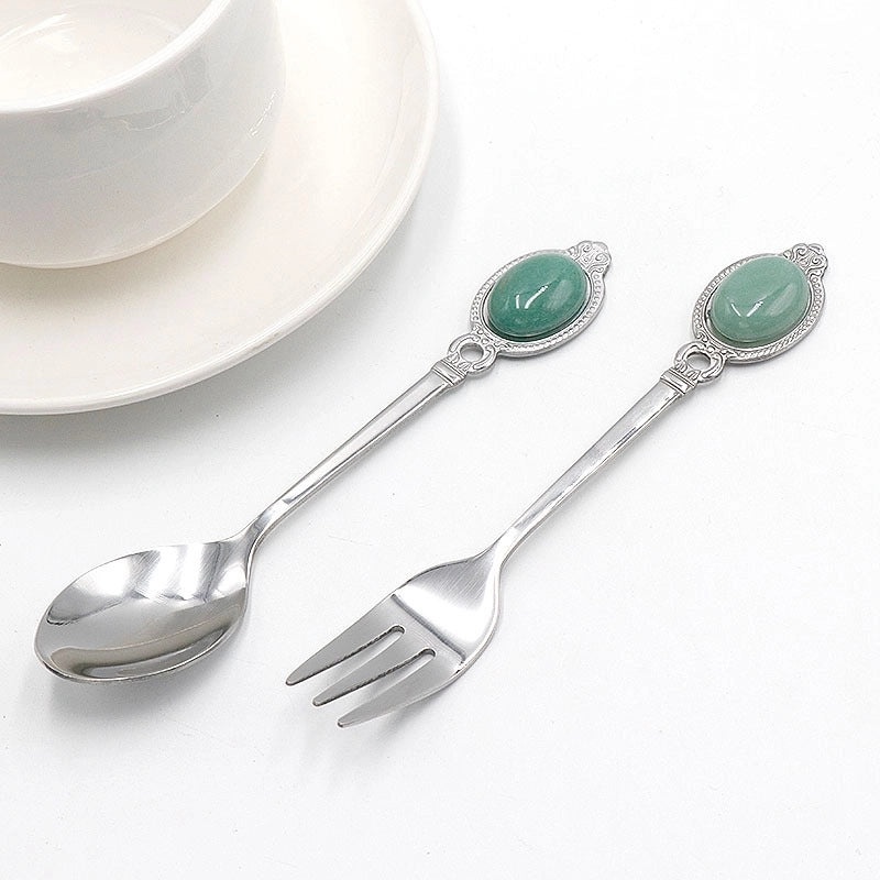 Vintage Solid Color Stainless Steel Spoon with Natural Stone Handle | Kitchen Utensils & Cutlery